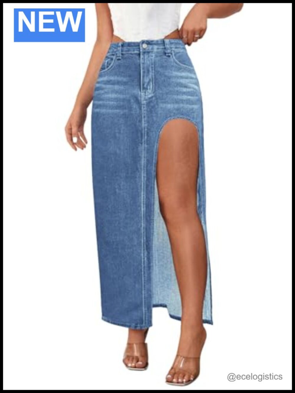 Slim Fit High Split Maxi Denim Skirt - Cotton